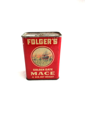 VTG 4 OZ ANTIQUE FOLGERS GOLDEN GATE MACE METAL SPICE TIN FULL SAN FRANSISCO KC