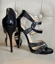 Jimmy Choo Black Glitter Strappy Ankle Strap Open Toe Zip Heels EU 40