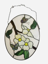 VTG Apple Blossom Butterflies Stained Glass Window Panel Oval Sun Catcher Decor