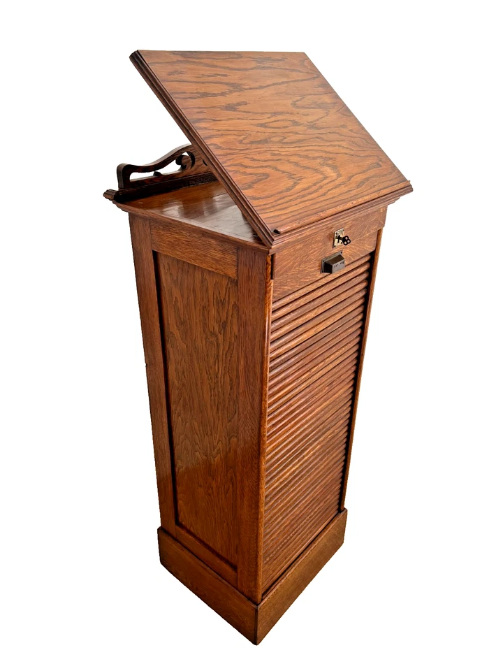 Antiguo gabinete de música con cerradura puerta enrollable, estantes extraíbles, tapa de podio Foto 4 de 4