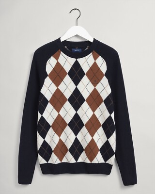 Gant Rundhalspullover Argyl marine blau superfeine Lammwolle Gr. 2XL UVP 165 