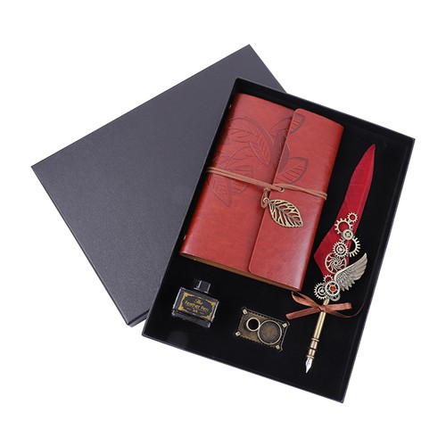 Everesta Ensemble Carnet Et Stylo Vintage En Cuir PU - Stylo Plume Rétro Avec Encre Et 8 Pointes Remplaçables Pour Débutants En Calligraphie