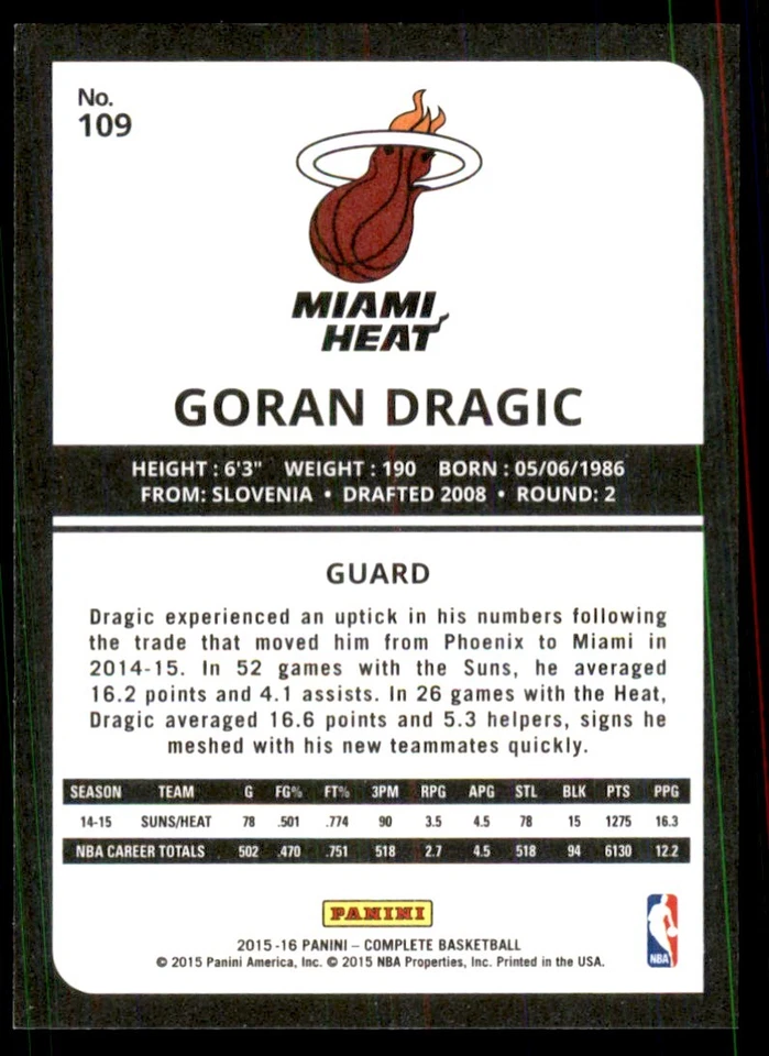 2015-16 Panini Complete Goran Dragic Miami Heat #109 - Image 2 of 2