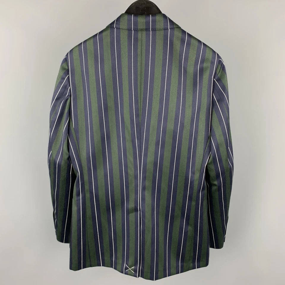 Burburry Taille US 36 / IT 46 Vert Et Marine Rayé Laine / Coton Veste À Revers - Photo 3/4