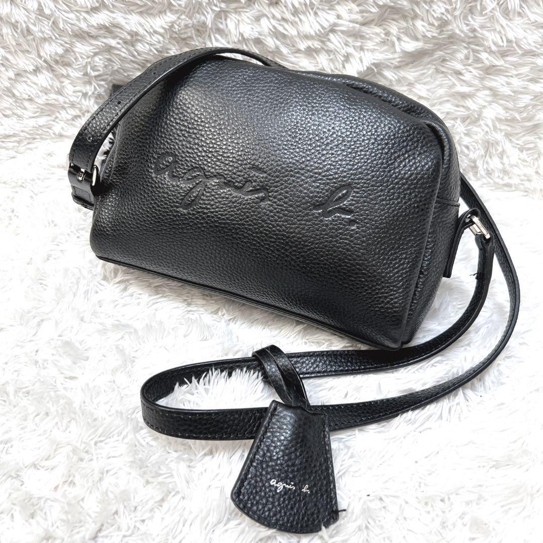agnes b. Shoulder Bag Black Logo Embossed with Charm Casual