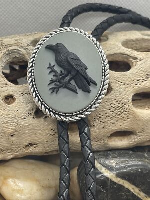 Gray Black Bike Gothic Wedding Biker Western Southwest Raven Crow Skull Bolo tie