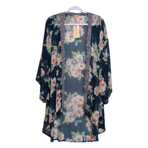 Band of Gypsies Floral Kimono Cardigan Cover Up Navy Boho Size M/L NEW NWT
