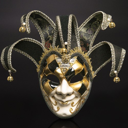 Full Face Men Venetian Theater Jester Joker Masquerade Mask Bells Mardi Gras - Picture 8 of 11