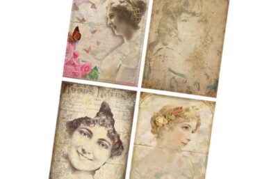 Scrapbook Bastelpapier Designerpapier Vintage Damen Junk Journal 4 Karten 300g