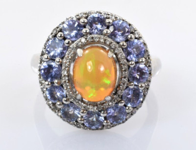 Opal & Tansanit Cluster Schild Ring in Sterlingsilber Größe 10