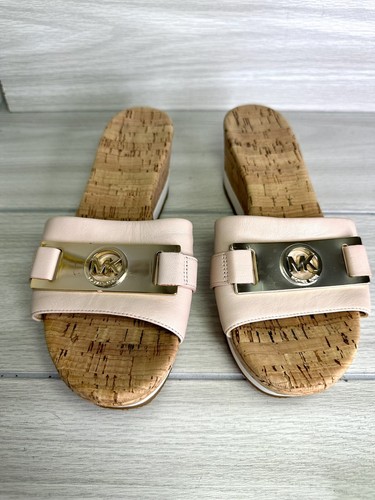 Michael Kors EXCELLENT Warren Platform Sandal 8 Pink Cork Wedge Shoe Logo Slide - 第 4/9 張圖片