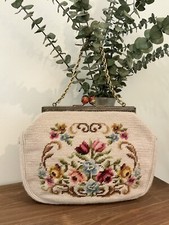 1950s Floral Embroidered Needlepoint Purse, Vintage Handbag, 50s Tapestry Bag