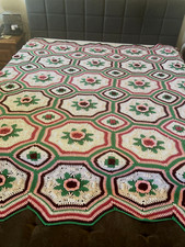 Vintage Large Crochet 3D Flower Afghan Blanke...