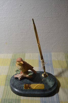Desk Pen Holder Porcelain Sparrow Marble Base  His Eye Is On The Sparrow  Verse