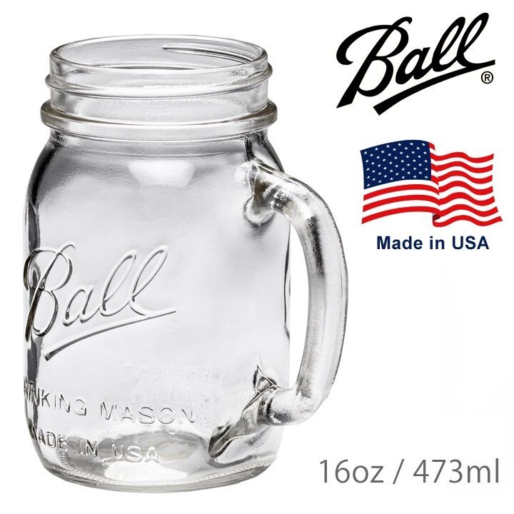 4 x Handle Drinking (440ml) Jars Embossed With Ball Mason Regular Mouth  USA!