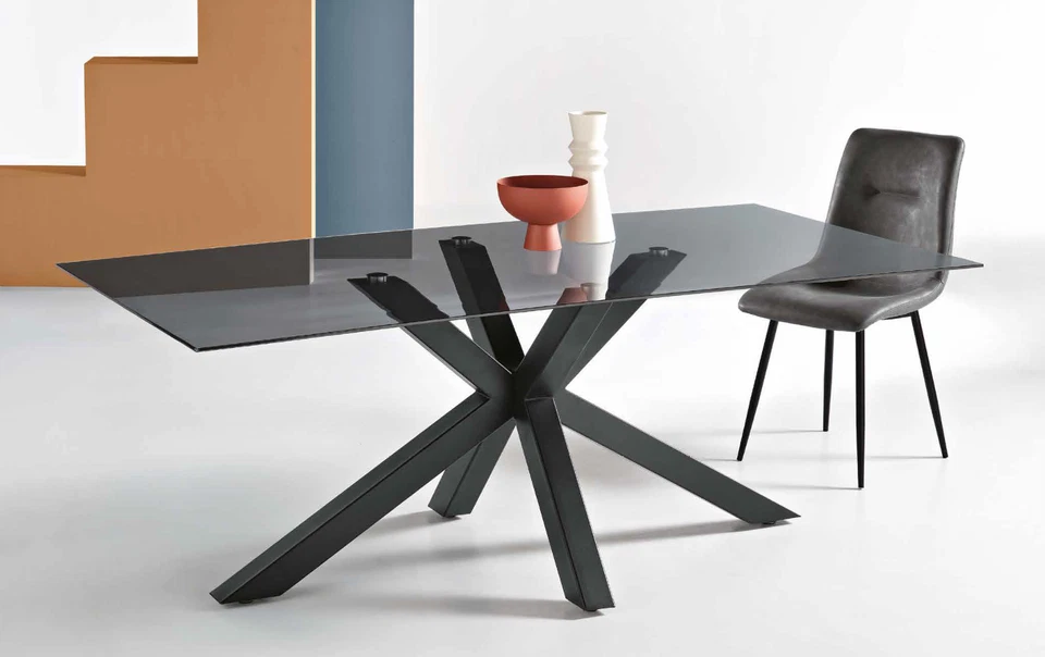 TAVOLO RETT.FISSO PIANO VETRO FUME'/TRASPARENTE L.160/180 BASE METALLO NERA KONE - Immagine 2 di 4