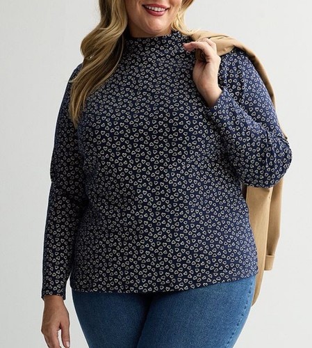 Croft & Barrow Sz 1X Navy Heart print mock neck knit top long sleeve Cotton New - Picture 2 of 8