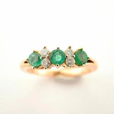 Estate 14K Yellow Gold Emerald & Diamond 7-Stone Band Ring Size 6 / 3 Grams