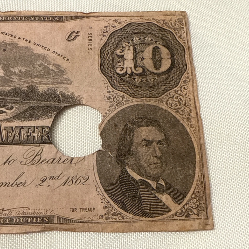 1862 $10 Confederate States Of America Richmond CSA Note Circulated - Image 4 of 4