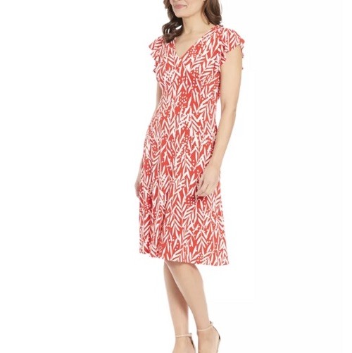 Vestido midi London Times cuello en V manga volantes coral y blanco talla 20W nuevo con etiquetas