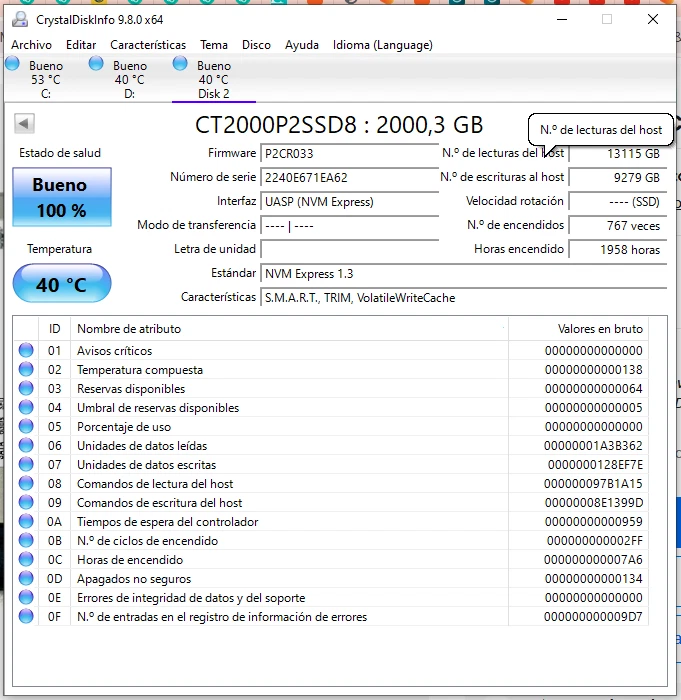 DISCO DURO CRUCIAL SSD 2TB CT2000P2SSD8 P2 100% LIVE M2 HARD DISK M.2