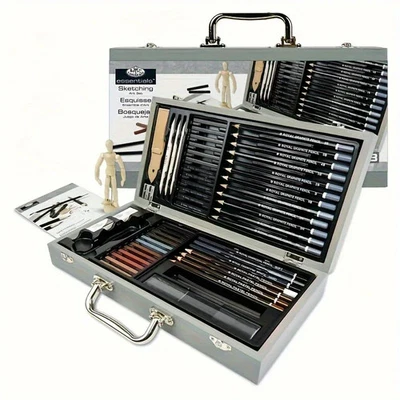 60 Piece Artist Deluxe Sketching & Drawing Pencil Charcoal Set Art Wooden Box UK