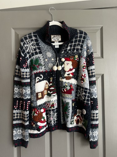 Vintage Heirloom Collectibles Christmas Cardigan Sweater Women Med Blue Snowman