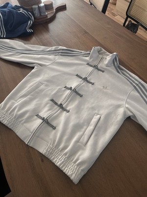 adidas Men's Track Jacket Toggle Closure Collared Long Sleeve White Blue Gray