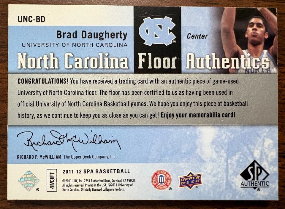 2011-12 SP AUTHENTIC BRAD DAUGHERTY GAME USED NORTH CAROLINA FLOOR AUTHENTICS - Image 2 of 2