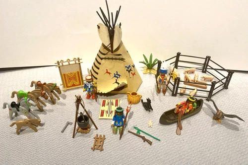 Vintage Playmobil Native American Indian Camp Teepee Horses,Figures + More