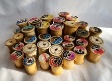 Vintage Empty Wood Sewing Thread Spools, Crafts Hobby Lot Of 34 With Labels 
