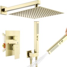 Rainfall Shower System Set 12'' Brushed Gold Wall Mounted Square Shower Head