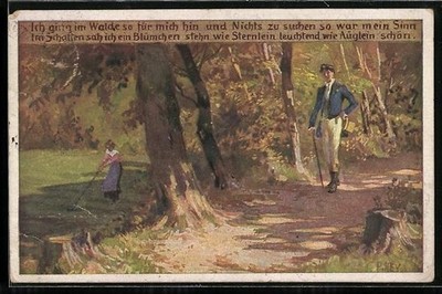 Künstler-AK P. Hey, Volksliederkarte Nr. 62: Ich ging im Walde so für mich hin, 
