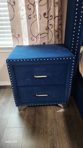 Blue Tufted Upholstered Bedroom Set Nailhead Trim, Bed Dresser Nightstand 8D