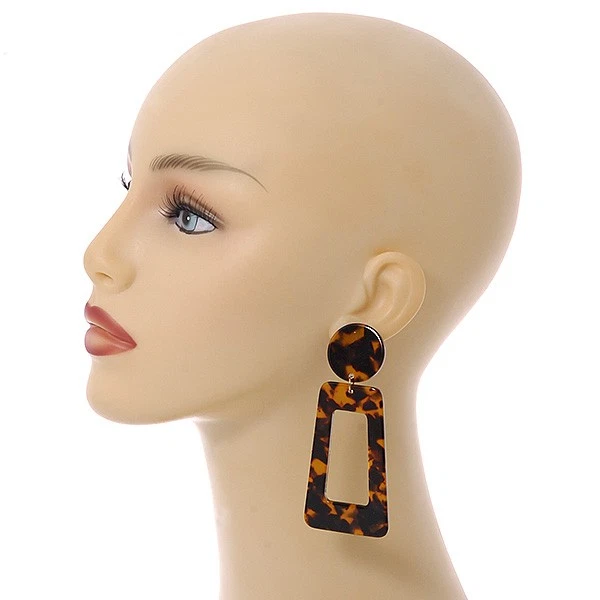 Trendy Tortoise Shell Effect Black/ Brown Geometric Acrylic Drop Earrings - - Image 3 of 4