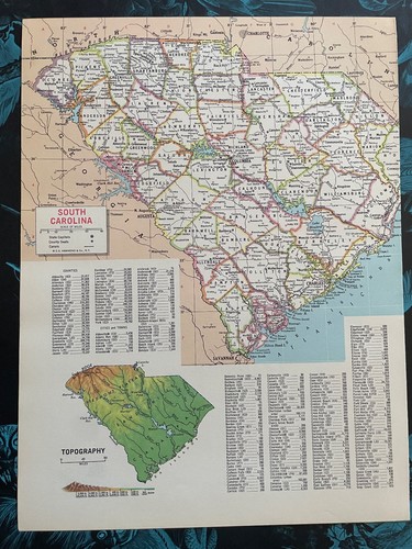 Mapa Estatal Vintage Carolina del Sur 9x12 Color 1967 Atlas Hammond Art - Imagen 2 de 6