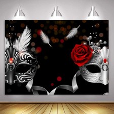 10x7ft Masquerade Backdrop Silver Rose Birthday Feather Black Photo HXME820