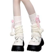 White Leg Warmers With Bow Fur Balls Y2K Rib Knit Boot Socks Harajuku