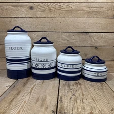 Set Of 4: Young’s Inc Ceramic Blue & White Canisters