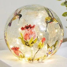 LED Lighted Hummingbird Floral Crackle Glass Globe Ball Lamp Tabletop Home Decor