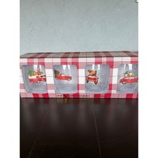 Holiday Charms Christmas Stemless Wine Glass Set 4 Red Truck Van 20oz New