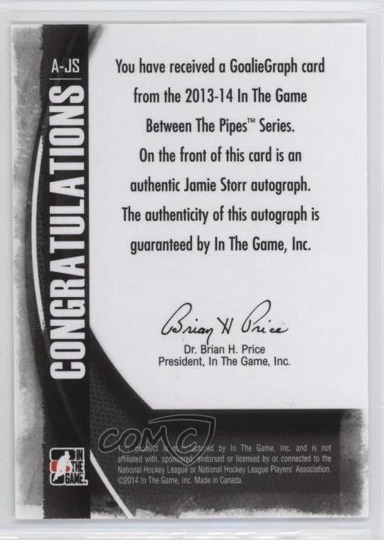 2013-14 ITG Between the Pipes GoalieGraph Vault Black Jamie Storr #A-JS Auto - Image 2 of 2