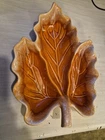 Vintage Hull Leaf Shaped Dish Tangerine 3 Compartment Chip/Dip Serving Dish 12"