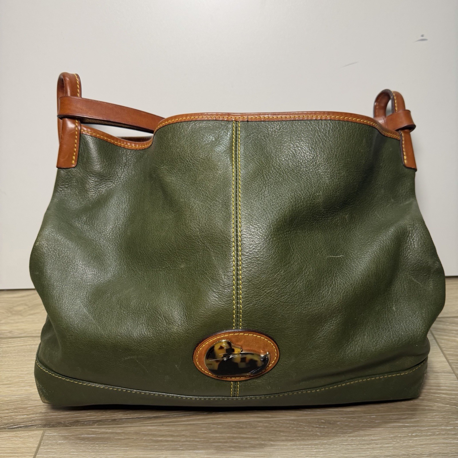 Dooney & Bourke VTG Olive Green Leather Hobo Purse, Duck Tortoise Logo Bag