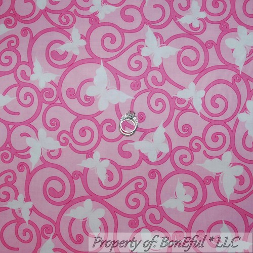 BonEful FABRIC FQ Cotton Quilt Pink White US BUTTERFLY Lady Breast Cancer Calico - Picture 1 of 13