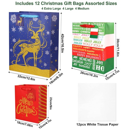 Christmas Bags for Gifts Bulk-12 Pack Holiday Gift Paper Bags with handles As... - Picture 5 of 9