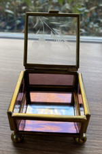 Beveled Etched Glass Brass Trinket Jewelry Box Hinged Lid 2.5" Footed Mirror