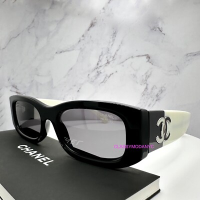 New CHANEL Sunglasses Polarized Rectangle Black White CC Logo