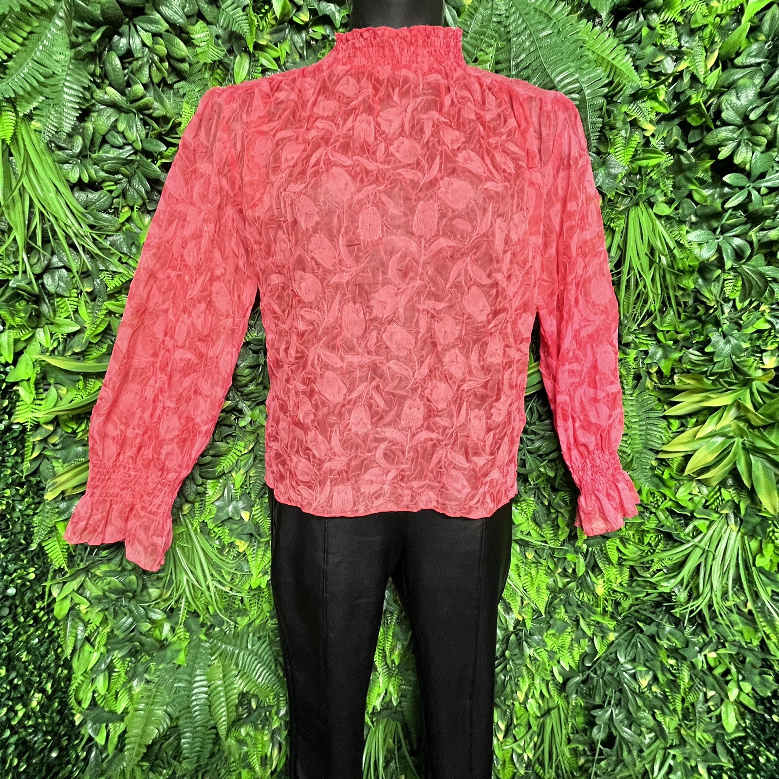 THE MOON Tops Mujer Grande Rojo Transparente Cuello Alto Manga Larga Estampado Floral 1113