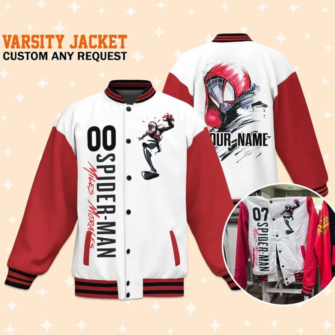 Custom Spiderman Miles Morales White Baseball Jacket, Adult Varsity Jacket